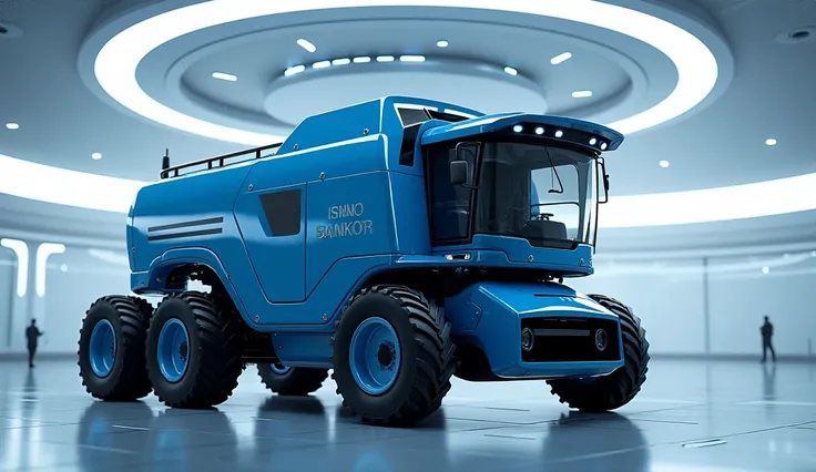 Left View:
"A futuristic combine harvester machine viewed from the left side in a sleek and modern indoor setting. The machine is painted in metallic blue, showing the left-side wheels, side features, and part of the cabin structure. The room has bright li...