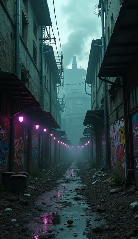  A dark, dilapidated alley ， 。
 green and purple fog ， Broken mechanical parts pile up like mountains 。
 ，Pipes are interleaved， dripping sewage 。
Abandoned factories， The machine makes a low noise ， The walls are covered with broken graffiti 。
Neon flashe...