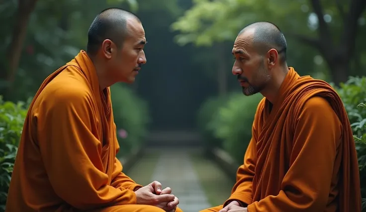 Two monks wearing orange robes and a sad man talking.