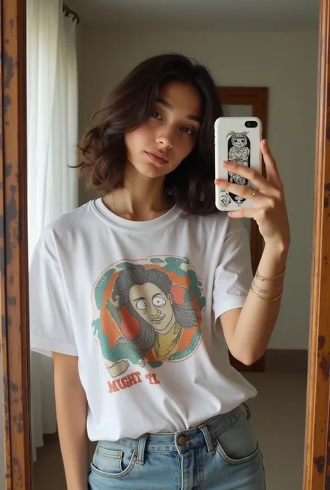 arafed woman taking a selfie of herself in a mirror, white trendy clothes, vintage shirt, graphic tees, profile pic, t-shirt, t - shirt, 🪔 🎨;🌞🌄, 🦩🪐🐞👩🏻🦳, stones, trending on r/streetwear, in tshirt, 👁🌹👾