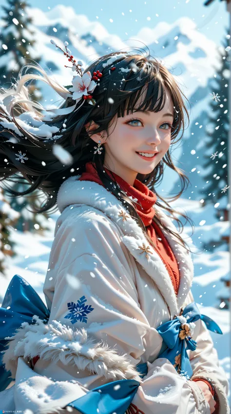  top quality , 4k quality, 1girl, white hanfu, snow, Long hair flowing with the wind, healing smile, Large aperture,  Blurred Background 