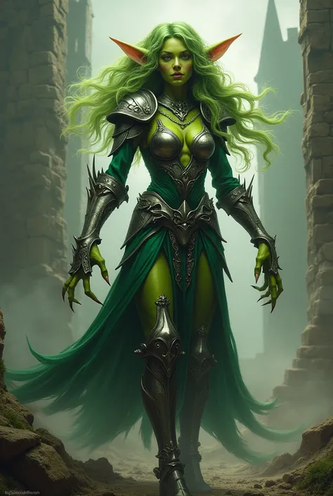 Beautiful female goblin with wavy long hair, four arms,wearing ,medieval armor