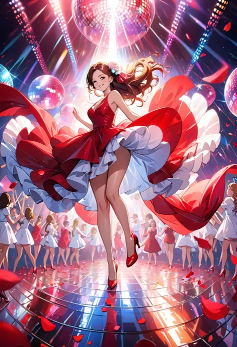 8K resolution, (best of the best) (best picture quality)(Highest quality) (masterpiece), ((The DISCO Club)), Smiling woman dancing in a club, long hair, red dress and red high heels, (multiple colorful shiny mirror balls), cinematic lights, colorful partic...