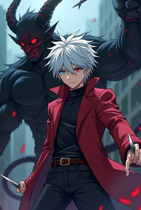 teenage boy, white hair, he had one red eye and one blue eye, wearing Red jacket, holding 2 small dagger in both his hands, in a fighting posture and a devil is standing beside him. In anime stype 