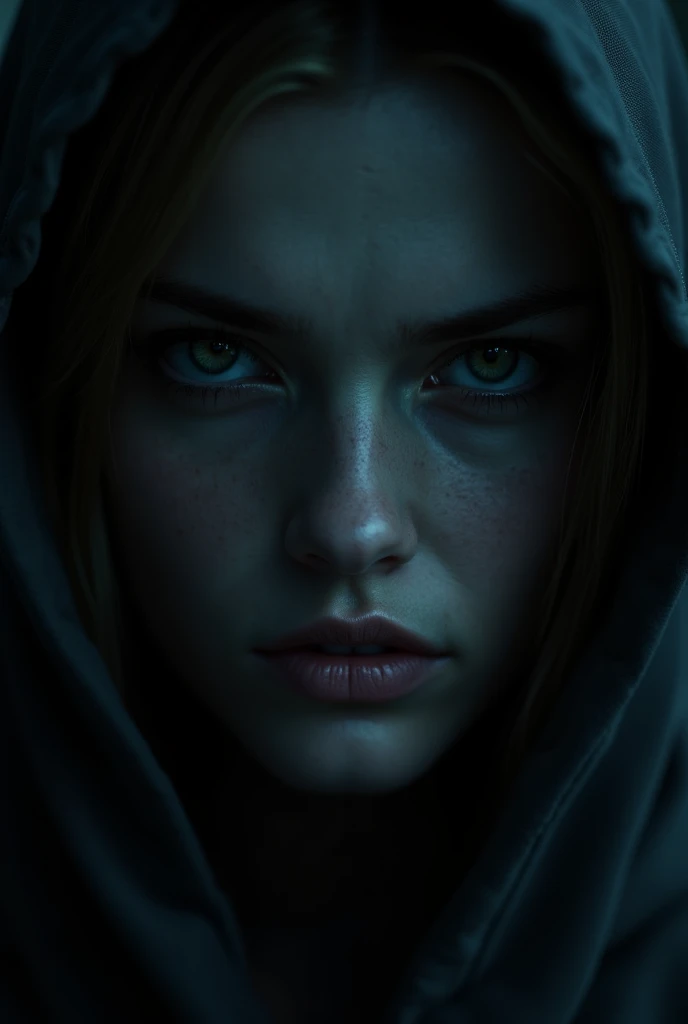 a close up of a womans face in the dark, league of legends splash screen, imvu, dark ominous stealth, madison beer girl portrait, very very creepy, source engine footage, image on the store website, tease, gentle shadowing