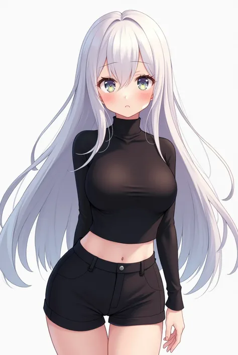 Perempuan anime kulit putih rambut putih panjang pakai baju hitam ada turtleneck hitam pakai celana pendek hitam dada besar wajah lucu 