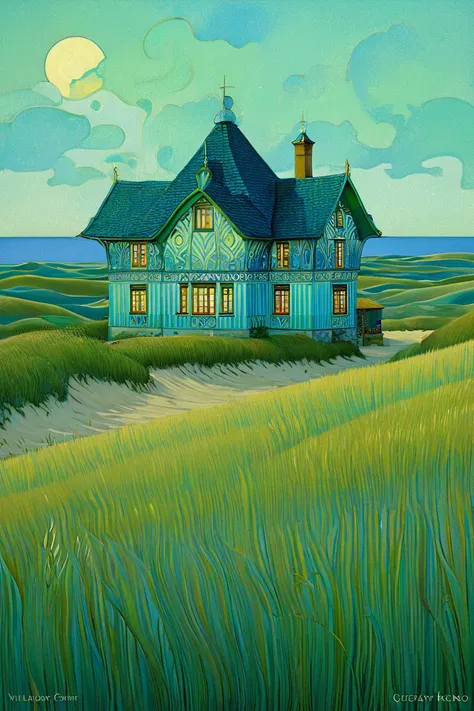  village house in the dunes, Art Nouveau , last ,  Gustav Klimt ,  Vladislav Erko  ,   gradient azure and green  , серый background 