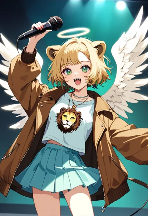 (masterpiece, best quality),,anime style,(teenage,lion ears,blonde short hair,green irises,fang,fashionable, angel wings on her back,angel halo,middle breasts,wearing brown fur,necklace,Oversized brown jackets,lion printed tee, skirts, boots),retro fashion...