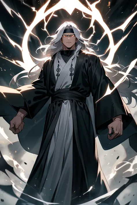 DIOS, man, high, strong, Ojos rojos,  beautiful, Long silver hair , black headband, arrogant gaze,  wears Chinese combat robe, He has a huge black sword, powerful aura, divine aura.
