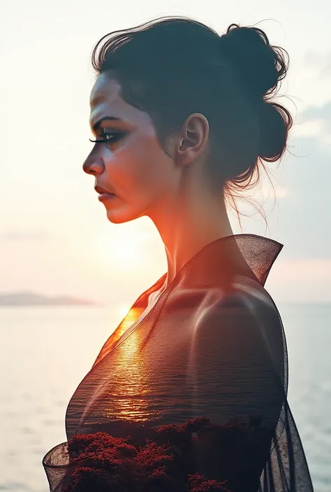 high quality, 8K Ultra HD, A beautiful double exposure that combines an goddess silhouette with sunset coast, sunset coast should serve as the underlying backdrop, with its details incorporated into the goddess , crisp lines, The background is monochrome, ...