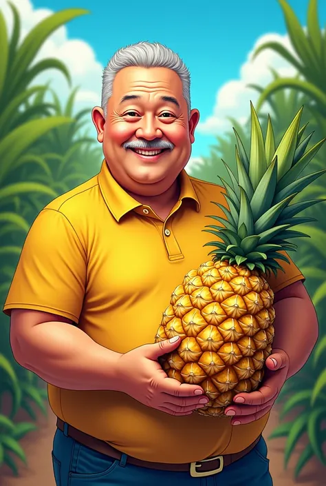 Create a poster“Kori Nenas MD2”. In the photo must be a man 50 years old with plump belly.. The man holding pineapple. The poster must be for pineapple fruit selling.