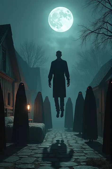 A haunting scene set in a rural village under a full moon. The image depicts a man levitating in the center of a dark courtyard, his shadow stretching beneath him. Surrounding him are seven ghostly women dressed in flowing black garments, their glowing red...