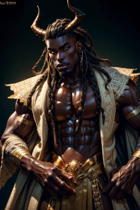 a portrait of a dark-skinned male demon with muscular features, glowing golden eyes, long dreads with shaved sides, demon horns, linen clothes with intricate sewn patterns, very attractive, anime, thepit, ssahc, best quality, high quality, 8k, masterpiece,...