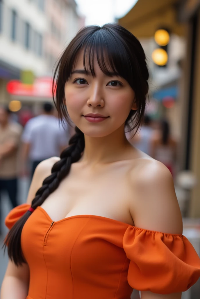 a woman posing on the street corner with orange dress on,  top quality , 1peopleの女の子,  big boobs, day,  bright ,  blur background, Bokeh,  outdoor, (street:0.8), (people々, crowd:0.8), ( off shoulder dress:1.2), nice, ( Braid Bangs :1.2),   beautiful detail...