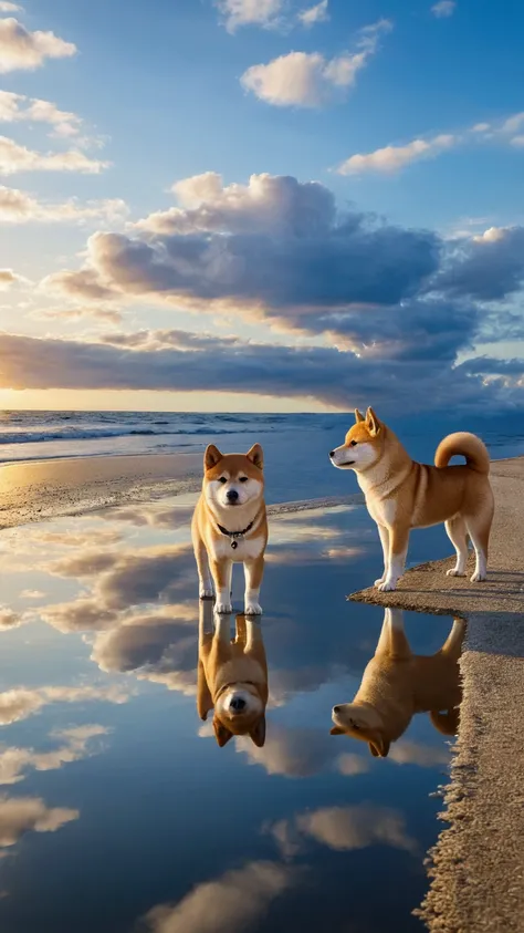 Shinkai Makoto taste , Beautiful sky,  Reflection of light, Shiba Inu puppy,Ocean at the End of the Road ,  Romantic Scenery,  healing scene , 