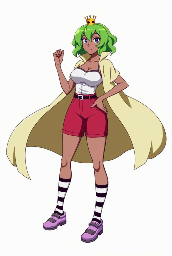 MandyBS, One, 1girl, dark skin, dark skinned woman, green hair, blonde hair, short hair, , mini crown, cape, , rode well, high shorts, red shorts, striped stockings, shoes, purple shoes, sexy body, big hips