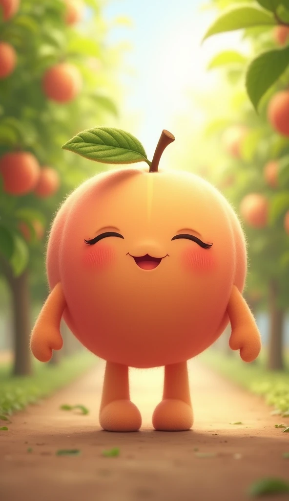 "A large, humanoid peach with soft, fuzzy, pinkish-orange skin as its body, radiating calmness and warmth. The peach character has a serene expression with gentle, relaxed eyes and a subtle, peaceful smile. Its arms and legs are smooth and round, resemblin...