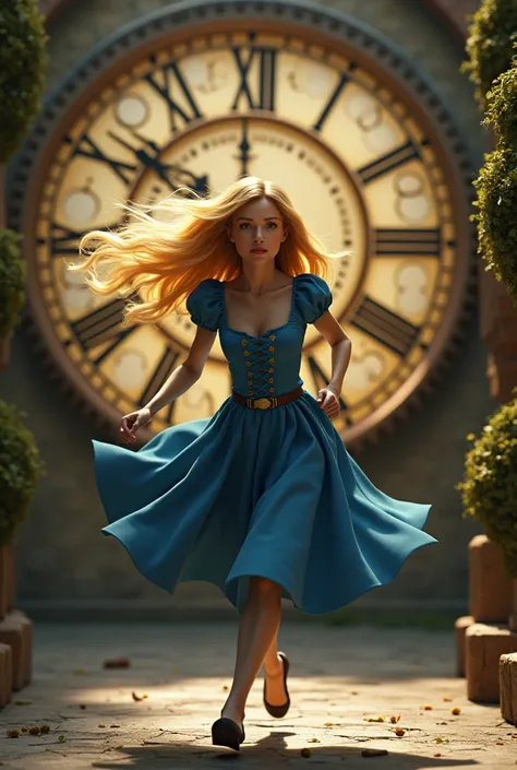 Depicting blonde Alice running forward in a blue dress in a realistic fairy tale style，front，Golden Hair Flying ， The background is a clock face with paper carving in different size styles。