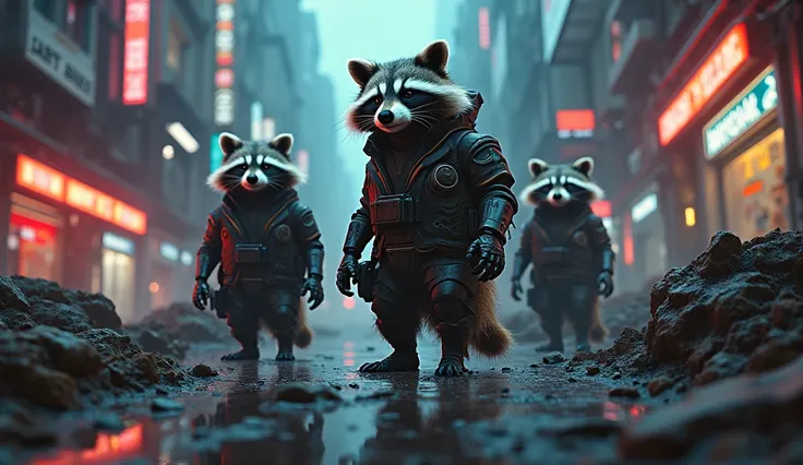 a raccoon scientists, robotic raccoons, futuristic technology, heavy machinery, detailed cyberpunk environment, intricate gears and mechanisms, glowing neon lights, moody lighting, hyper-realistic, cinematic composition, dramatic shadows, vibrant colors, m...