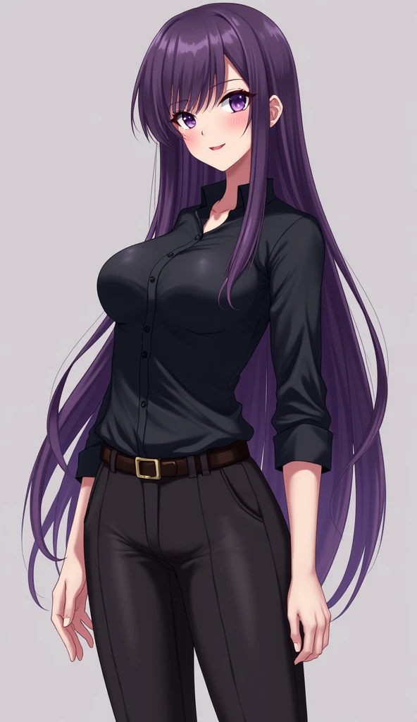 female, absurdly long hair, bob cut, swept bangs, purple hair, purple eye, tans skin, makeup lipstick, toned body, huge breasts, dress shirt, black shirt, sleeves rolled up, black pants, pants, brown shoes, shoes, facing viewer, anime