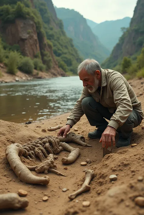 
Paleontologist unearths dinosaur bones from a riverbed.