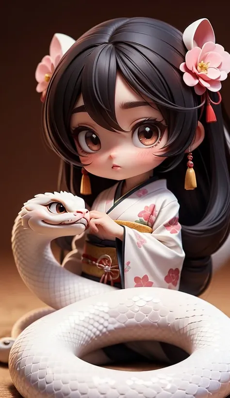 8k ⒉ 5D Japanese deformed cute anime girl style, a beautiful girl wearing an old-fashioned furisode, a large Pretty Chinese zodiac white snake, a black-haired sash, a cute round-faced nose, big crystal brown eyes, pink plump lips, and a gentlemanly white s...