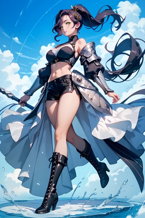 Girl, beautiful, black hair, ponytail((Teenage)), full body vusible, short torso, very thin legs, ((very long legs)), thigh gap, black heavy boots, shins armoured, black shorts, large breasts, black crop topp, best quality, uncensored