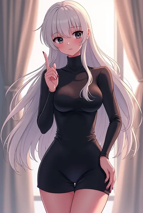 Female anime white skin white hair long black dress there black turtleneck wear black shorts black chest big chest hand pose two fingers black eyes kawaii face