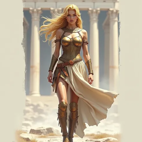 the character from Homers Odyssey : Nausicaa, walks in front of Pantheon, perfect athletic body, long, blonde hair, dressed in bronze-colored hoplite armor. She wears a fitted breastplate that emphasizes her figure, paired with a short leather skirt adorne...