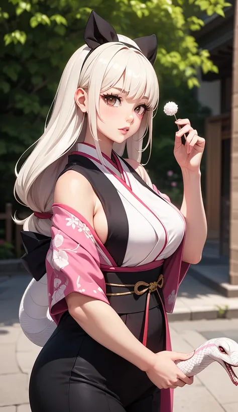 8k ⒉ 5D Japanese deformed cute anime girl style, a beautiful girl wearing an old-fashioned furisode, a large Pretty Chinese zodiac white snake, a black-haired sash, a cute round-faced nose, big crystal brown eyes, pink plump lips, and a gentlemanly white s...