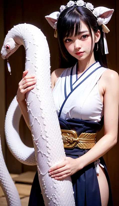 8k ⒉ 5D Japanese deformed cute anime girl style, a beautiful girl wearing an old-fashioned furisode, a large Pretty Chinese zodiac white snake, a black-haired sash, a cute round-faced nose, big crystal brown eyes, pink plump lips, and a gentlemanly white s...