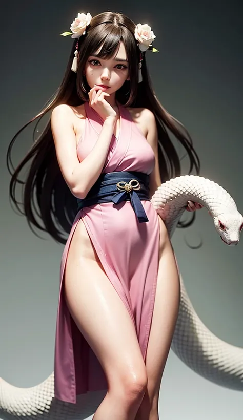 8k ⒉ 5D Japanese deformed cute anime girl style, a beautiful girl wearing an old-fashioned furisode, a large Pretty Chinese zodiac white snake, a black-haired sash, a cute round-faced nose, big crystal brown eyes, pink plump lips, and a gentlemanly white s...