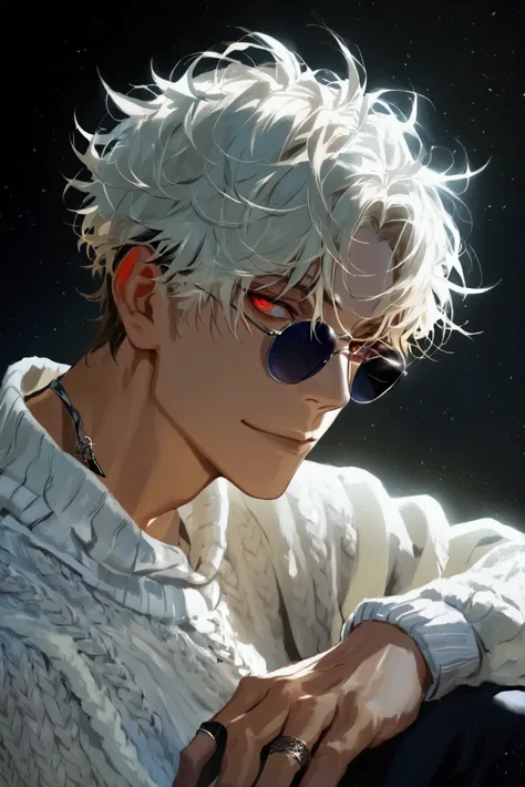 (solo), (1 male), (1 man), handsome men, (one man with blonde hair with black inner hair color, red eyes), short hair, messy hair, sunglasses,((masterpiece)), (dark background: 1.3), (stylish), White knit,dynamic angle, (detailed face, detailed eyes, propo...