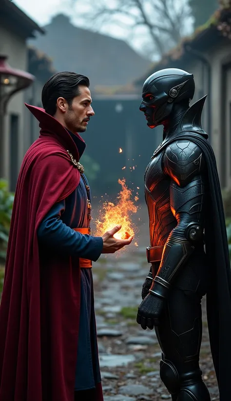 "Doctor Strange and Falcon from the Avengers facing each other in a cinematic backyard setting. The scene is realistic, with both characters depicted in incredible detail. Doctor Strange is wearing his mystical cloak, with magical energy swirling around hi...