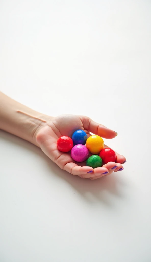 On a white sheet, a hand holding colorful balls of paint in her hand is not very close