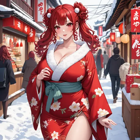  side-top twin tails、Red Curly Hair、bangs、 slim body、 big breasts、 ball shaped breasts 、 red eyes、 Red Contact Lenses、 hair between eyes 、Red Hair、Kind Face、drill curls 、 beautiful Japanese woman、Five fingers、Real women、 plump body、Outdoor、 snow is piled u...