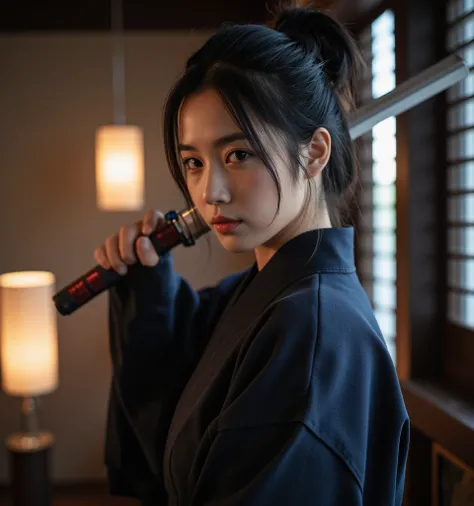 ((( female ninja in quest)))、((( Kunoichi)))、(( kimono))、Japanese style background、 with hair tied together、 black hair、 sexy、20 years old、woman、 cute、super detailed,((( realistic ,photo realistic ,photo- realistic :1.37))), high definition ,超 high definit...