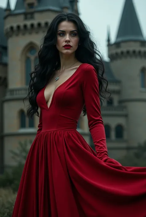 The vampire Duchess in a classic red dress on the background of a Gothic castle. Bright emerald eyes and raven-colored hair that falls to her waist. Her full lips, the color of ripe cherries, contrast with the whiteness of her face. The woman was wearing a...