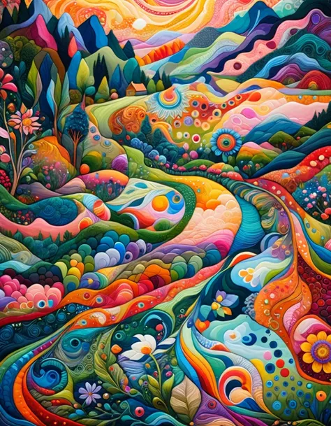 Top quality, high resolution, best composition, art quilt, painting with river and mountains in background, detailed dreamscape, psychedelic landscape, whimsical and psychedelic, colorful and rich in detail, very intricate and colorful, intricate psychedel...