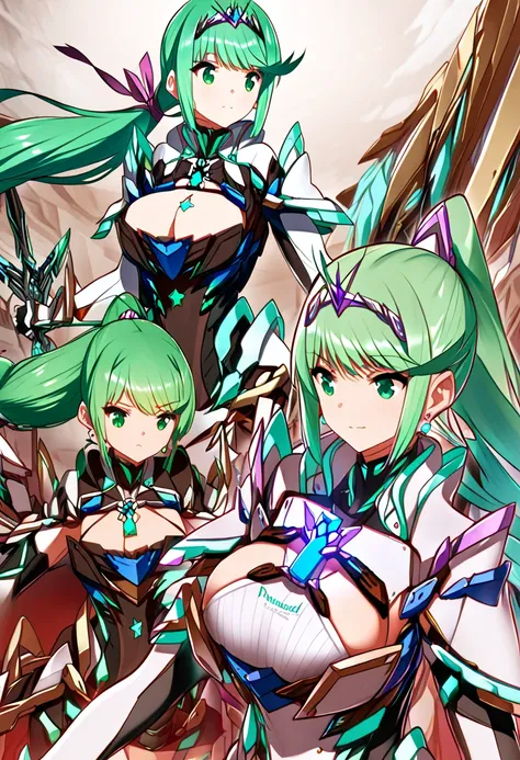  top quality 、 super detailed 、 high res illustration、Ultra-high-definition CG、８k size wallpaper、 production art、Puneuma（ Xenoblade）、 green eyes、 green hair、 tiara 、 ponytail、 earrings for women with first name、 big breasts、armor、 Chest Jewel 、white gloves...