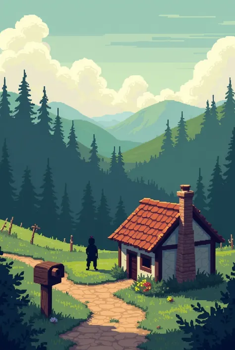 Perfect let’s design a pixalated landscape of the opening scene of the game. Similar to the game “zork” I want it to open at a cottage with a mailbox (mid evil peasant like) make it 8bit
