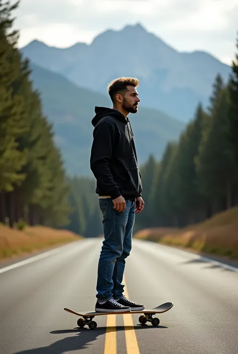 there is a man standing on a skateboard on the street, in front of a forest background, taken in the early 2020s, with a park in the background, very artistic pose, fully body pose, with mountains in the background, mohamed chahin, profile picture 1024px, ...