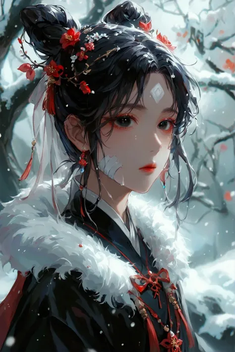  masterpiece,quality,1 person, kvinner,Exciting,Milk,Tamil black long hair , Tamil black eyes like an endless dark black hole, dark black robe , White bandages wrapped around his body ,Chinese mascot,Trainee,fairy tale,God of Immortality,, snow-white skin ...