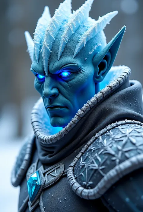 A dark elf ice wizard with a face carved from glistening ice, eyes that gleam with the cold intensity of the arctic, adorned in armor encrusted with frost and wielding powers that summon blizzards and icy tempests. Full Shot of Him, Digital Quality camera ...