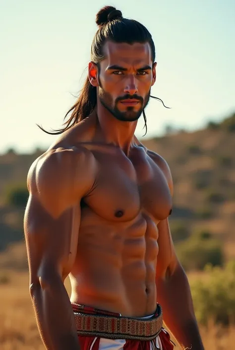 A sexy man with strong muscles with long hair tied behind his head with Amazigh features from the countryside in Nador 