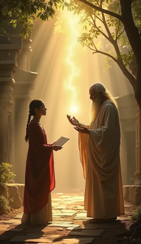"An ancient, serene scene depicting a person in traditional attire standing before a divine figure or sage, holding a document or symbolic object representing debt. The background shows a mystical forest or a sacred space, with the divine figure blessing t...