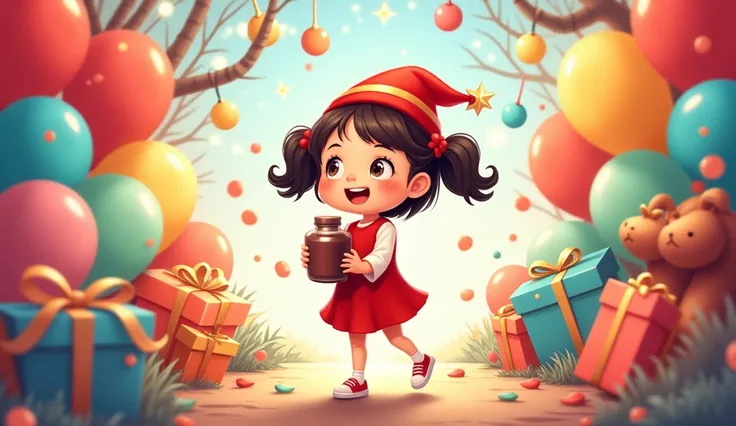 Create a vibrant and joyful illustration capturing the essence of a New Year celebration with A little  girl( wearing red festive hat,red dress,two pony tail hair,big curious eyes,dimple on cheeks,white shoes)
       as the centerpiece. She is wearing a re...