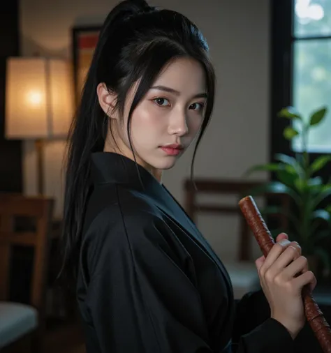 ((( female ninja in quest)))、((( Kunoichi)))、(( kimono))、Japanese style background、 with hair tied together、 black hair、 sexy、20 years old、woman、 cute、super detailed,((( realistic ,photo realistic ,photo- realistic :1.37))), high definition ,超 high definit...