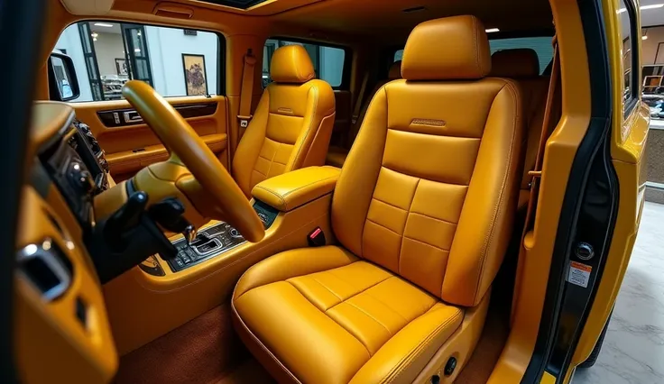 Front seat of hummer h2 in yellow colour in luxary showroom