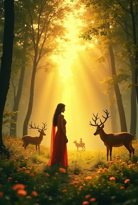 Here is the prompt:

"Create a cinematic image of the Golden Deer scene from Ramayan, with a mesmerizing golden light effect. Depict Sita standing in the forest, fascinated by the golden deer, while Rama and Lakshmana are seen in the background, alert and ...